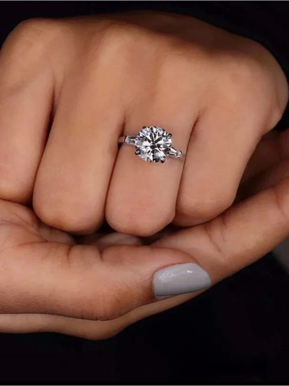 1.2 Carat Round Diamond with Side Baguettes, 14k White Gold, lab grown, size 6.5